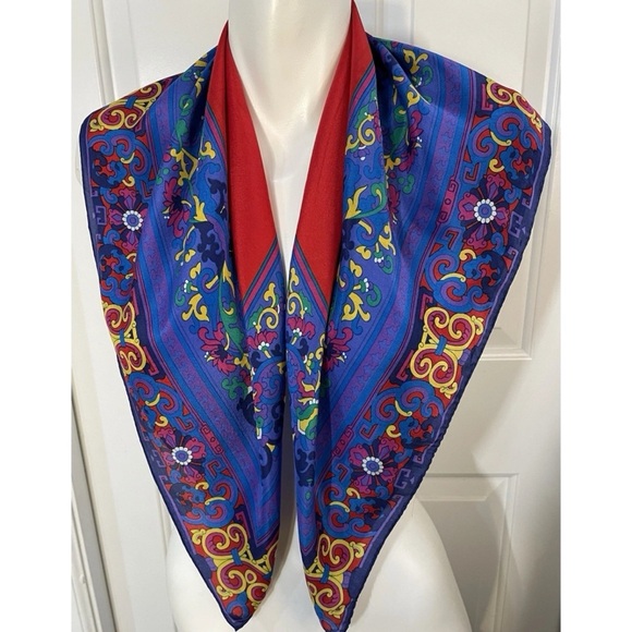 Liz Claiborne Silk Square Scarf Blue Red Yellow Floral Geometric 31" x 31" Vtg - Picture 5 of 7
